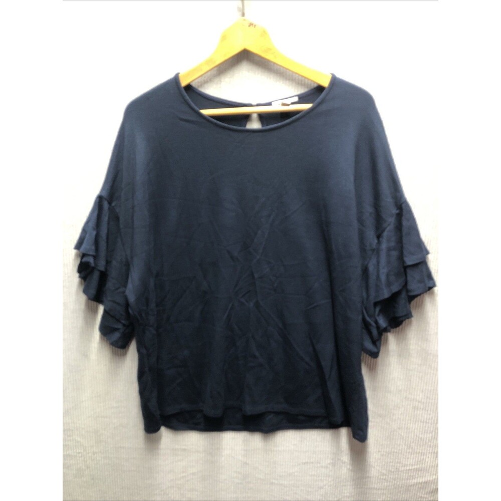 Halogen Womens Top Large Navy Flutter Ruffle Sleeve Lagenlook Flowy Shirt